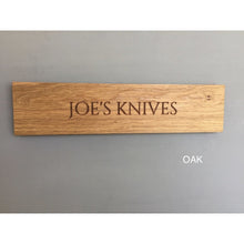 Load image into Gallery viewer, Magnetic knife rack | personalised | engraved | fifth anniversary gift | knife block | knife storage.
