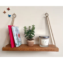 Load image into Gallery viewer, Oak hanging shelf | plant shelf | plant display | wall decor | shelving | plant stand | rope shelf | housewarming gift.
