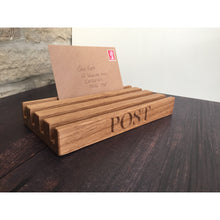 Load image into Gallery viewer, Oak letter rack | personalised | letter storage | engraved | stationery | post storage | post rack | housewarming gift.
