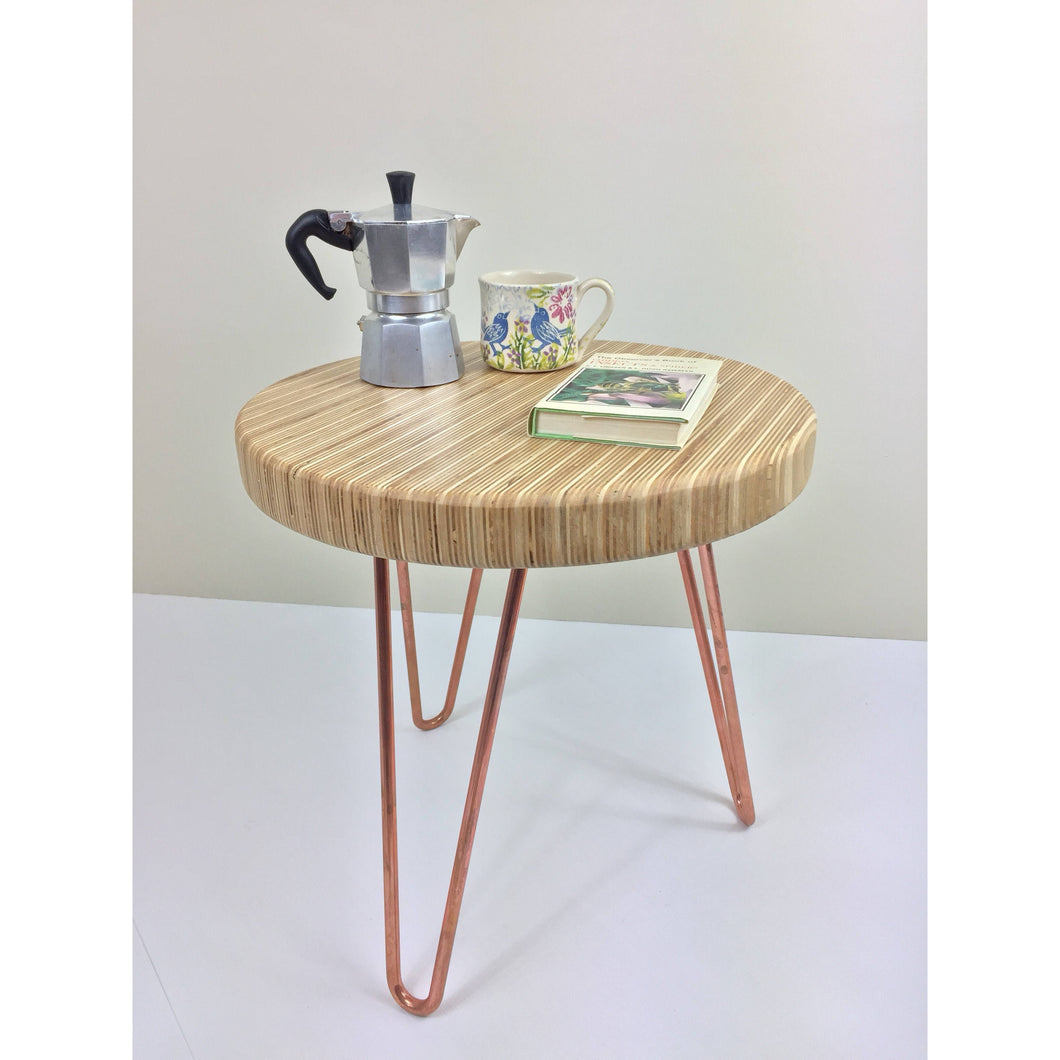 Coffee table | Baltic birch | end grain baltic birch table | copper hairpin legs | end table | round table.